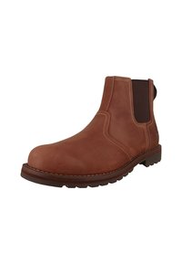 Botas Chelsea de cuero marrón con paneles laterales elásticos, punta redondeada, detalles de costura y suela de goma texturizada.