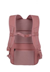 Zaino rosa con pannello posteriore in rete, spallacci imbottiti, fibbie regolabili e tasca frontale con zip. Tessuto liscio su tutta la superficie.