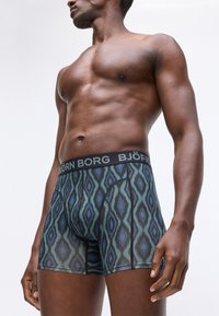 Hannlig modell med muskuløs torso iført mønstrede Björn Borg boxershorts mot en enkel hvit bakgrunn.