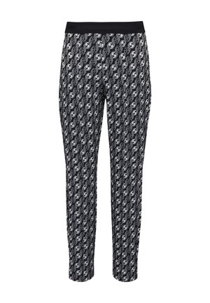 Schwarz-weiße gemusterte Hosen mit einem elastischen Bund. Sie verfügen über ein sich wiederholendes kreisförmiges Design. Slim Fit mit schmal zulaufenden Beinen.