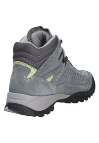 Graue Wildleder-Wanderstiefel mit einer strukturierten Oberseite, Gummisohle, grünen Akzenten und Schnürverschluss. Besitzt einen gepolsterten Schaft und ein atmungsaktives Futter.