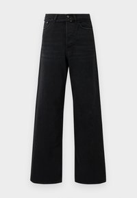 Zwarte hoog-taille brede broek met een voorknop, ritssluiting, riemlussen en klassieke vijf-pocket styling.