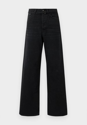 Black high-waist wide-leg jeans with front button, zipper, belt loops, and classic five-pocket styling.