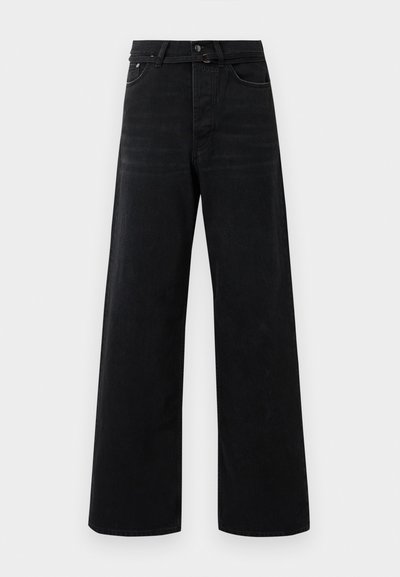 Black high-waist wide-leg jeans with front button, zipper, belt loops, and classic five-pocket styling.