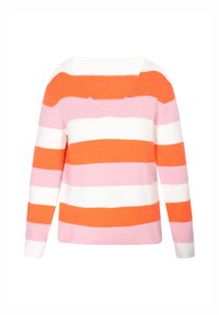 Gestreepte trui met een v-hals. Afwisselende kleuren: feloranje, roze, wit. Zachte gebreide stof, lange mouwen, relaxte pasvorm.