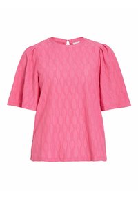 Top rosa a maniche corte con un motivo testurizzato e scollatura rotonda, caratterizzato da un dettaglio a chiave sulla schiena e maniche leggermente a sbuffo.