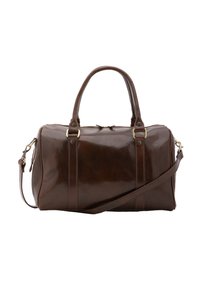 Bruine leren handtas met een glanzende afwerking, dubbele bovenhandvatten, een afneembare schouderriem en ritssluiting. Kenmerkt zich door verticale stiksels.