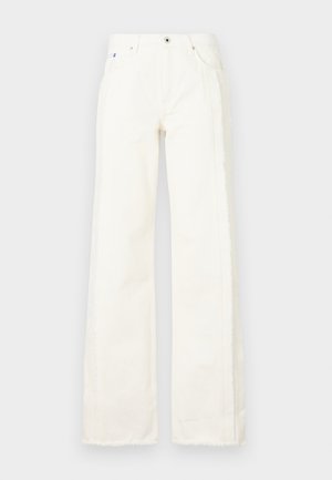 Hvide wide-leg jeans i denim med frayed kanter langs siderne, frontlommer og en klassisk knap- og lynlåsåbning.