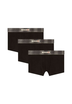 Tre boxer da uomo neri con elastico in vita grigio scuro e piccole etichette con marchio centrati sulla fascia elastica.
