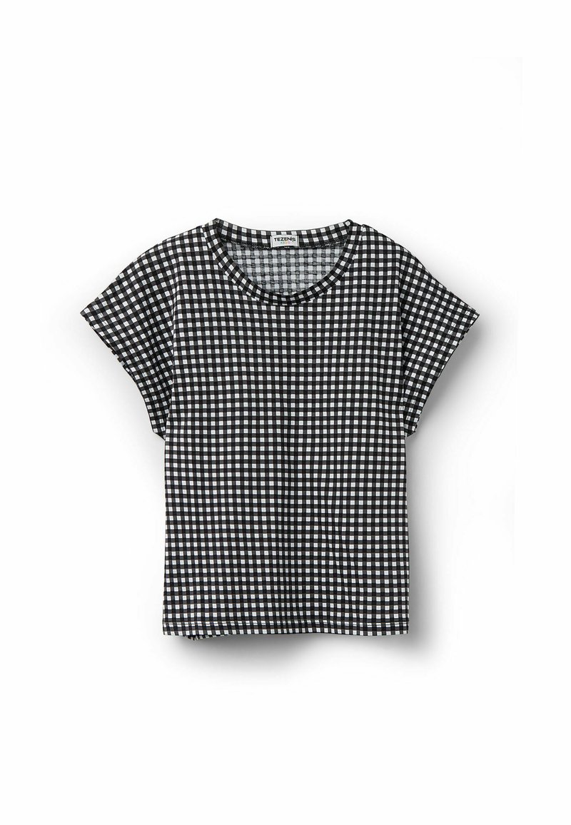 Czarna i biała koszulka z krótkim rękawem w kratkę, z okrągłym dekoltem i luźnym krojem. Lekka tkanina z subtelnym wzorem siatki.