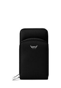 Black leather wallet with a smooth texture, featuring two zippered compartments and a silver logo on the front. Compact rectangular design.