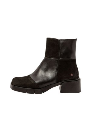 Bottines noires en cuir lisse et en daim. Talon épais, bout rond et accent décoratif sur le côté.