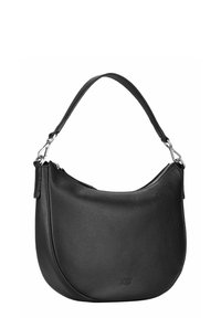 Sac d'épaule en cuir noir avec une finition texturée, une forme incurvée et une seule bandoulière ; équipé de ferrures argentées et d'une fermeture éclair.