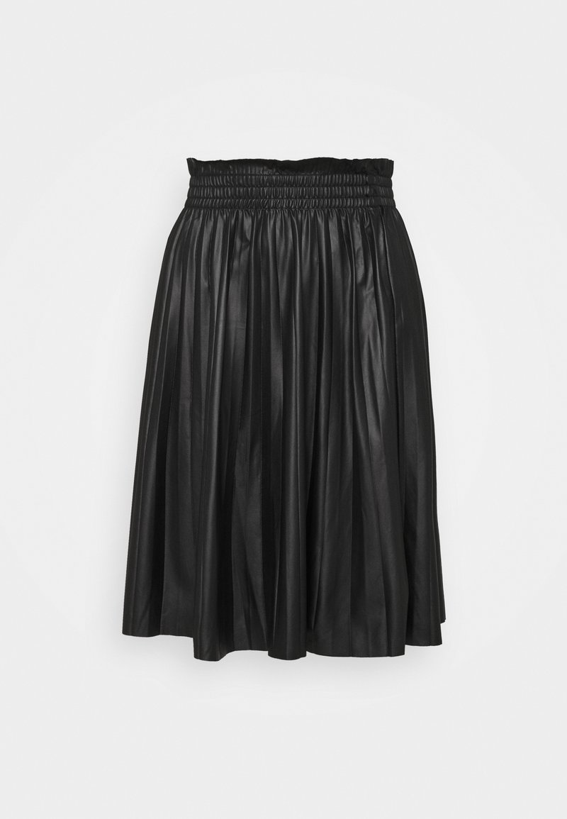 Jupe midi plissée en similicuir noir avec une taille élastiquée froncée et une légère évasée.