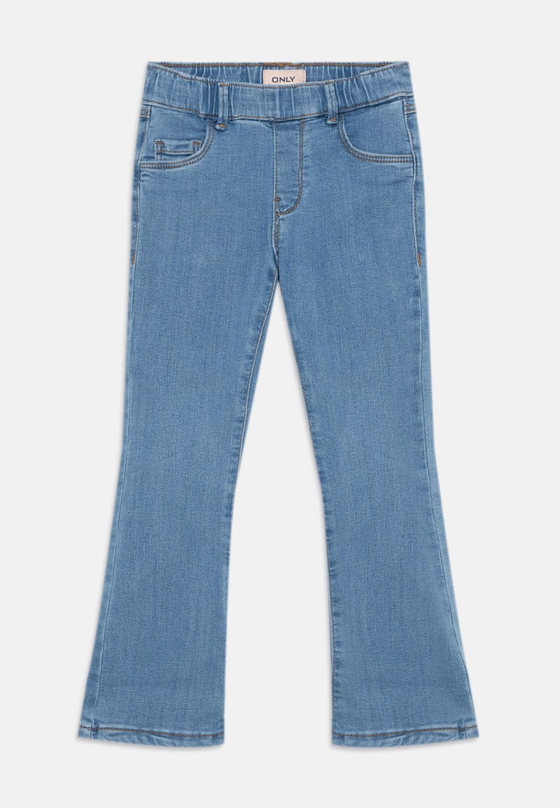 Jeans flare azul claro com cintura elástica, apresentando dois bolsos frontais e um acabamento limpo nas bainhas. Feitos de tecido de denim.