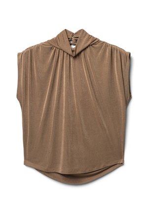 Top marrone a maniche corte con design drappeggiato, realizzato in un morbido tessuto testurizzato e con colletto alto, silhouette fluida e orlo arrotondato.
