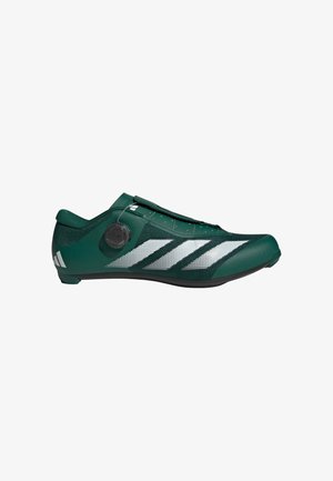 Chaussure de vélo verte au design épuré, dotée d'une tige en mesh, de rayures blanches, et d'un cadran de réglage BOA. Semelle en caoutchouc.
