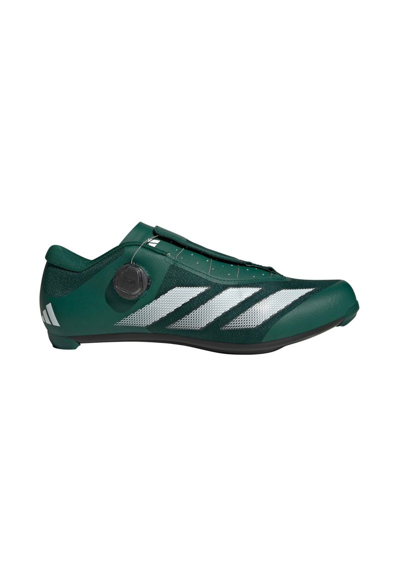 Green cycling shoe with a sleek design, featuring a mesh upper, white accent stripes, and a BOA adjustment dial. Rubber sole.