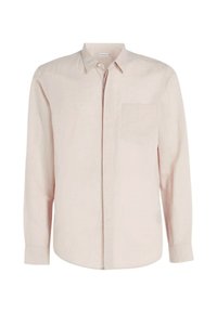 Camicia a maniche lunghe in lino rosa chiaro con colletto con bottoni, taschino frontale e orlo dritto. Texture liscia con dettagli minimi.