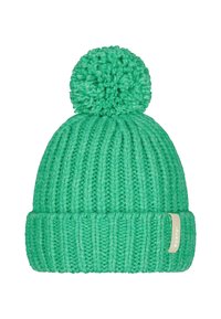 Green knitted beanie hat with a ribbed texture, featuring a large pom-pom on top and a small branded tag on the folded cuff.