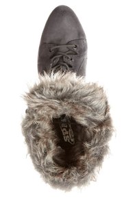 Botte cheville en cuir gris avec col en fausse fourrure, bout rond et design à lacets. L'intérieur présente une texture douce en fourrure et un logo visible.