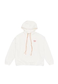 Sudadera blanca con capucha, que presenta cordones multicolores y un pequeño logo bordado en el pecho. Tela suave, corte relajado.