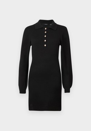 Vestido de malha preto com mangas longas, gola e cinco botões dourados decorativos na parte da frente. Corte justo com uma textura suave.