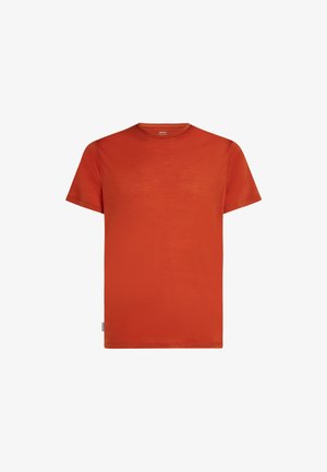 Kortärmad t-shirt i en enfärgad bränd orange, rundhalsad design, tillverkad av mjukt bomullstyg med vanlig passform och en subtil logotyp på fållen.