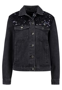 Musta farkkutakki, jossa on paljettikoristelu olkapäillä, kaksi rintataskua ja hopeanväriset napit. Klassinen kaulus ja pitkät hihat.