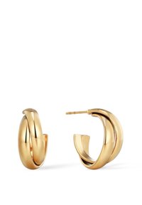 Ein Paar polierte goldene Ohrhänger mit einem gedrehten Doppelband-Design, ein Ohrring wird gezeigt, wobei der Stift sichtbar ist.