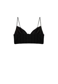 Bralette negra con finas tirantes ajustables, que presenta una banda texturizada en la parte inferior y una porción superior lisa. Diseño simple sin patrones.