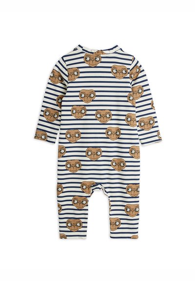 Ribbet stof romper i navy og hvid med gentagne brune tegneseriealien ansigtstryk, lange ærmer og trykknapper i bunden.