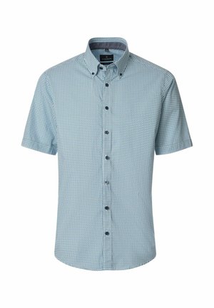 Hellblaues kurzärmeliges Hemd mit kleinem geometrischem Muster und Knopfkragen.