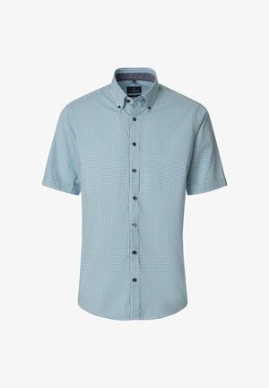 Hellblaues kurzärmeliges Hemd mit kleinem geometrischem Muster und Knopfkragen.