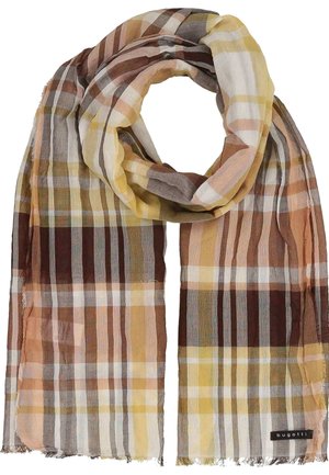 Lightweight scarf with brown, beige, yellow, and white plaid pattern, branded with a small black "bugatti" tag on one end.