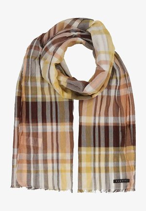 Leichter Schal mit kariertem Muster in Braun, Beige, Gelb und Weiß, mit einem kleinen schwarzen "bugatti"-Etikett an einem Ende.