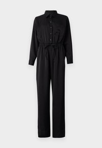 Zwarte jumpsuit met lange mouwen, knoopsluiting aan de voorkant, borstzak, elastische taille met trekkoord en wijde pijpen van een gladde stof.