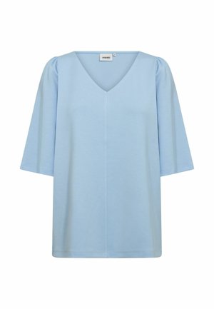 Top bleu clair à manches courtes avec un col en V et des manches légèrement bouffantes. Confectionné dans un tissu doux, avec une coupe ample et un design épuré.