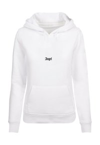 Felpa bianca in misto cotone, con tasca frontale e cappuccio regolabile con stringa. Sa scritta nera al centro "Angel." Tessuto morbido, design casual.
