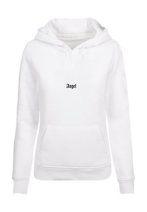 Balta džemperis su kapuce, pagamintas iš medvilnės mišinio, su priekyje esančia kišene ir su raišteliu reguliuojama kapuce. Centre juodais rašmenimis yra užrašas "Angel". Minkšta tekstūra, neformalus dizainas.