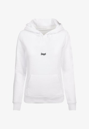 Balta džemperis su kapuce, pagamintas iš medvilnės mišinio, su priekyje esančia kišene ir su raišteliu reguliuojama kapuce. Centre juodais rašmenimis yra užrašas "Angel". Minkšta tekstūra, neformalus dizainas.