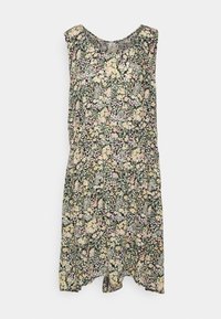 Vestido sem mangas com um padrão floral em cores pastel sobre um fundo escuro, apresentando um decote redondo e um detalhe franzido na cintura.