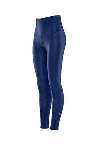 Marinblå högmidjade leggings gjorda av ett stretchigt material. Slät textur med en subtil lyster och en vit logotypdetalj nära fållen.
