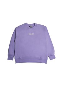 Felpa a girocollo lavanda con maniche lunghe e testo stilizzato "DISCLAIMER" bianco centrato sul petto.