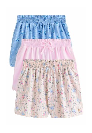 Three pairs of elastic waist shorts with bows, featuring blue floral, solid pink, and pink floral stripe patterns.