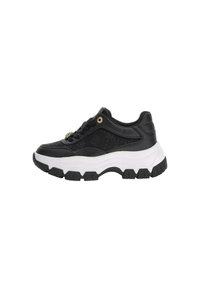 Sneakers neri con tomaia in pelle liscia, suola spessa bianca e dettagli decorativi in oro. Presentano accentuazioni laterali testurizzate e lacci tondi.