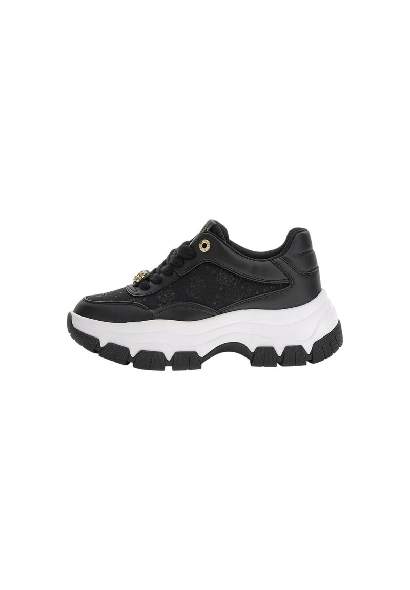 Sneakers neri con tomaia in pelle liscia, suola spessa bianca e dettagli decorativi in oro. Presentano accentuazioni laterali testurizzate e lacci tondi.