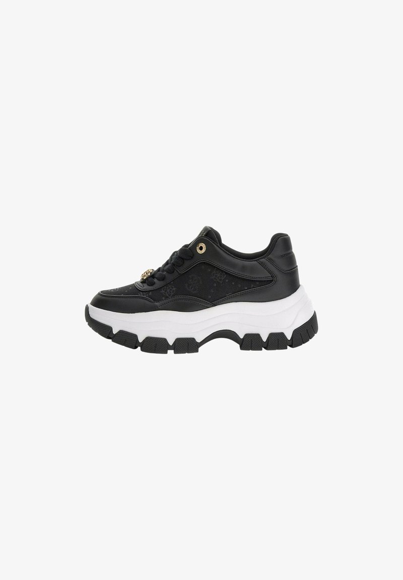 Sneakers neri con tomaia in pelle liscia, suola spessa bianca e dettagli decorativi in oro. Presentano accentuazioni laterali testurizzate e lacci tondi.