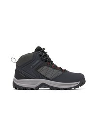 Schwarze Wanderschuhe mit wasserabweisendem Außengewebe, grauen Akzenten, strukturierten Seitenpaneelen und roten Schnürsenkeln. Besitzen eine robuste Gummisohle für guten Grip.