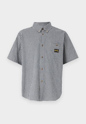 Short-sleeve button-up shirt in navy and white gingham pattern, featuring a chest pocket with a gold logo and brown buttons.
